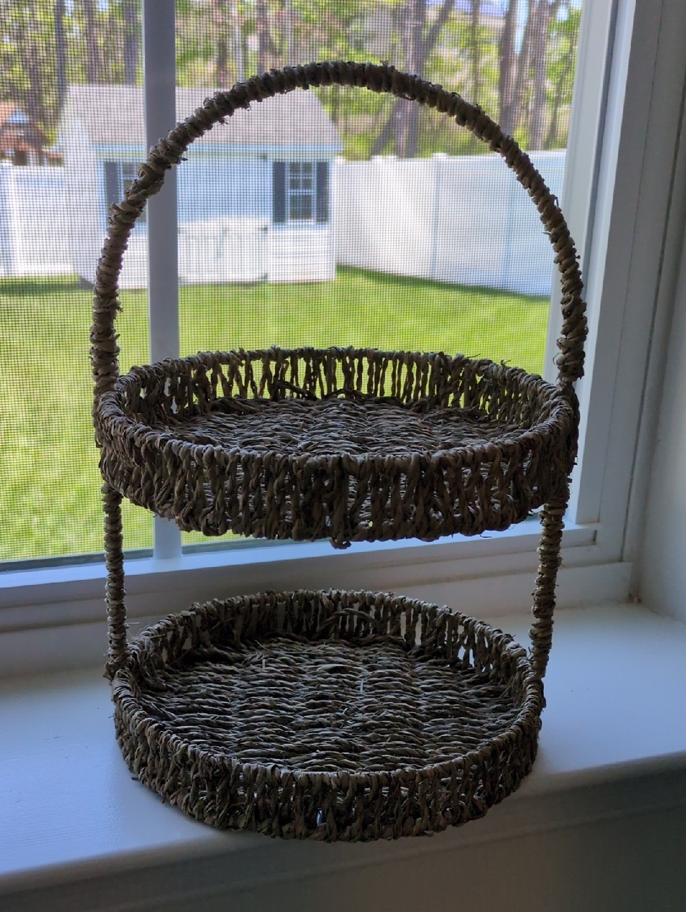 Two-Tier Woven Seagrass Basket Stand - Natural Brown